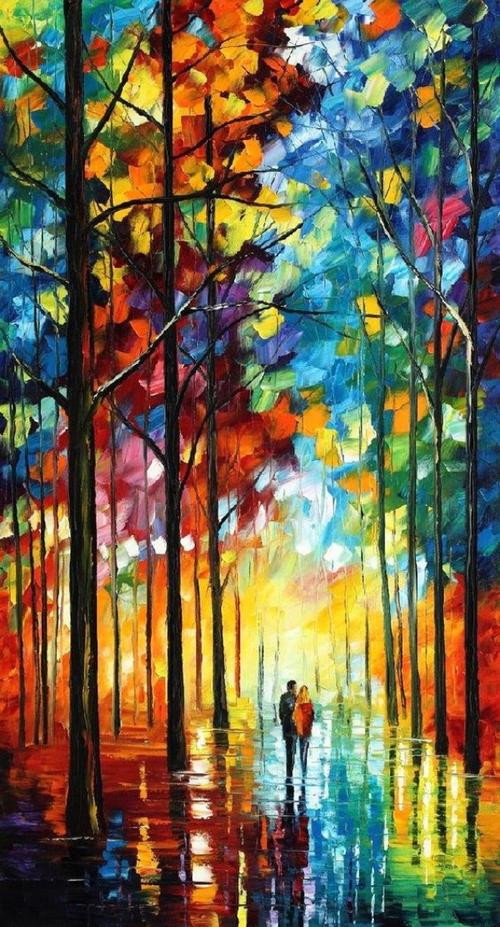 Textured Red Yellow Trees Autumn by Knife 02 Oil Paintings